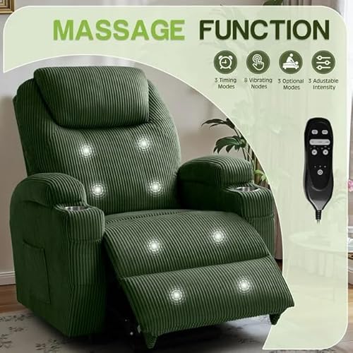 Furmax Electric Power Lift Recliner Chair with Massage for Elderly Corduroy Fabric Recliner Single Sofa with Cup Holders, Side Pockets and Remote Control for Living Room Bedroom (Green)