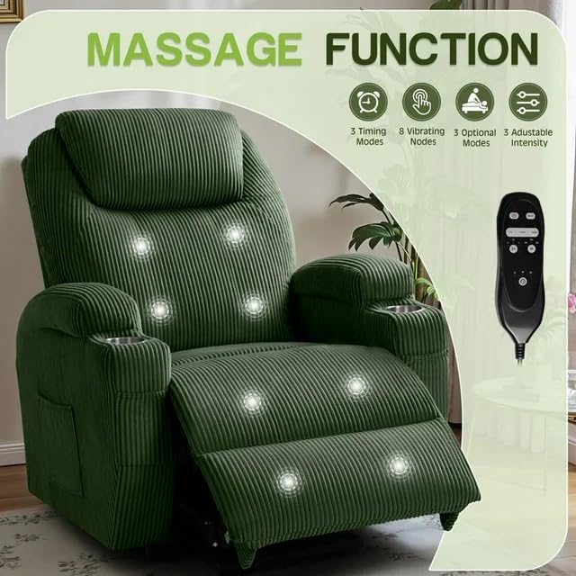 Electric Power Lift Recliner Chair with Massage for Elderly Corduroy Fabric Recliner Single Sofa with Cup Holders, Side Pockets and Remote Control for Living Room Bedroom (Green) Furmax