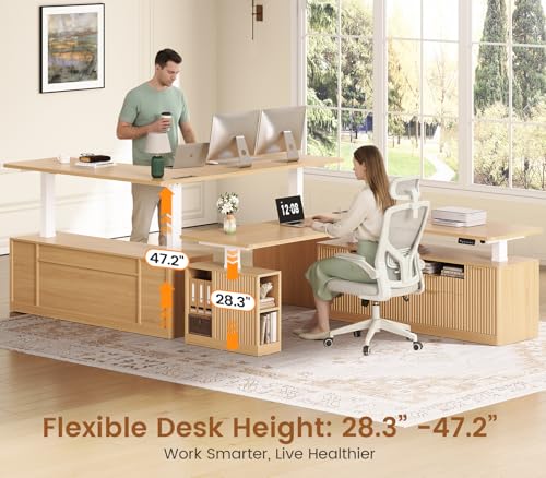 SEDETA L Shaped Electric Standing Desk, 69" x 55"Height Adjustable Office Executive Desk with 4 Drawers and Storage Shelves, Fluted Sit Stand Computer Desk with Power Outlet for Home Office, Oak SEDETA