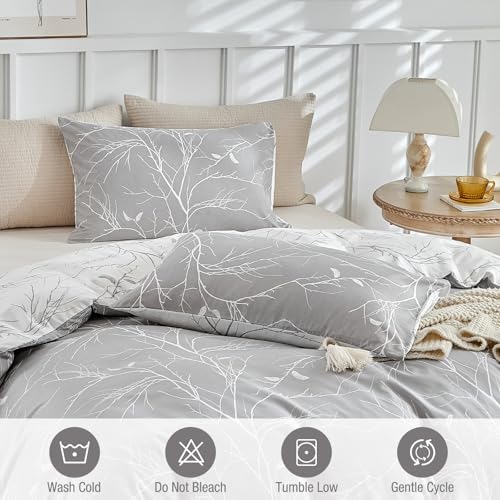 Lekesky Reversible Duvet Cover Queen Size, Grey White Branch Comforter Cover Queen 3pcs Microfiber Botanical Bedding Set with Zipper Closure Corner Ties Lekesky