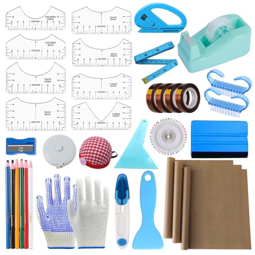 XEUZK Sublimation Shirts Tool Kits With 8 T Shirt rulers, 3Pack Teflon Sheet for Heat Press 12*16in, Heat Resistant Gloves With Silicone Bumps, 2 Rolls Heat Resistant Tape & Sublimation pencil (Blue) XEUZK