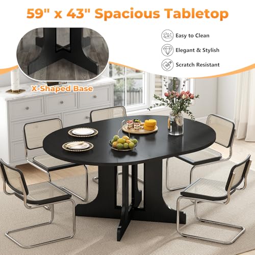 Zevemomo 43"-59" Extendable Dining Room Table for 4-6, Expandable Round Dining Table, Oval Tabletop with Trestle X-Shaped Base & Metal Track for Office, Living Room-Black Zevemomo