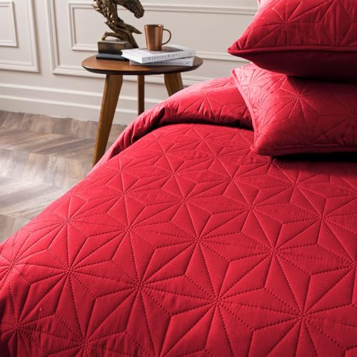 Whale Flotilla Twin Quilt Bedding Set, Soft Bright Red Bedspreads Quilts Twin XL Size for All Seasons, 2 Pieces Lightweight Geometric Star Pattern Coverlet Whale Flotilla