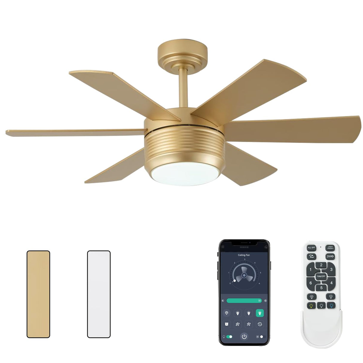 42 Inch Ceiling Fan with Lights and Remote, 6 Blade App Control Timer Reversible Stepless Brightness and Color Temperature Outdoor Wood Ceiling Fan with Lights (Gold, 42 Inch) SHOWDI