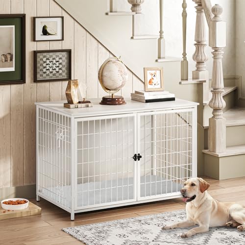MAHANCRIS Dog Crate Furniture with Cushion, Wooden Dog Kennel with Double Doors, Heavy Duty Dog Cage for Small/Medium/Large Dogs, Indoor Dog House End Table, 39.4" L, White DCBW10701 MAHANCRIS