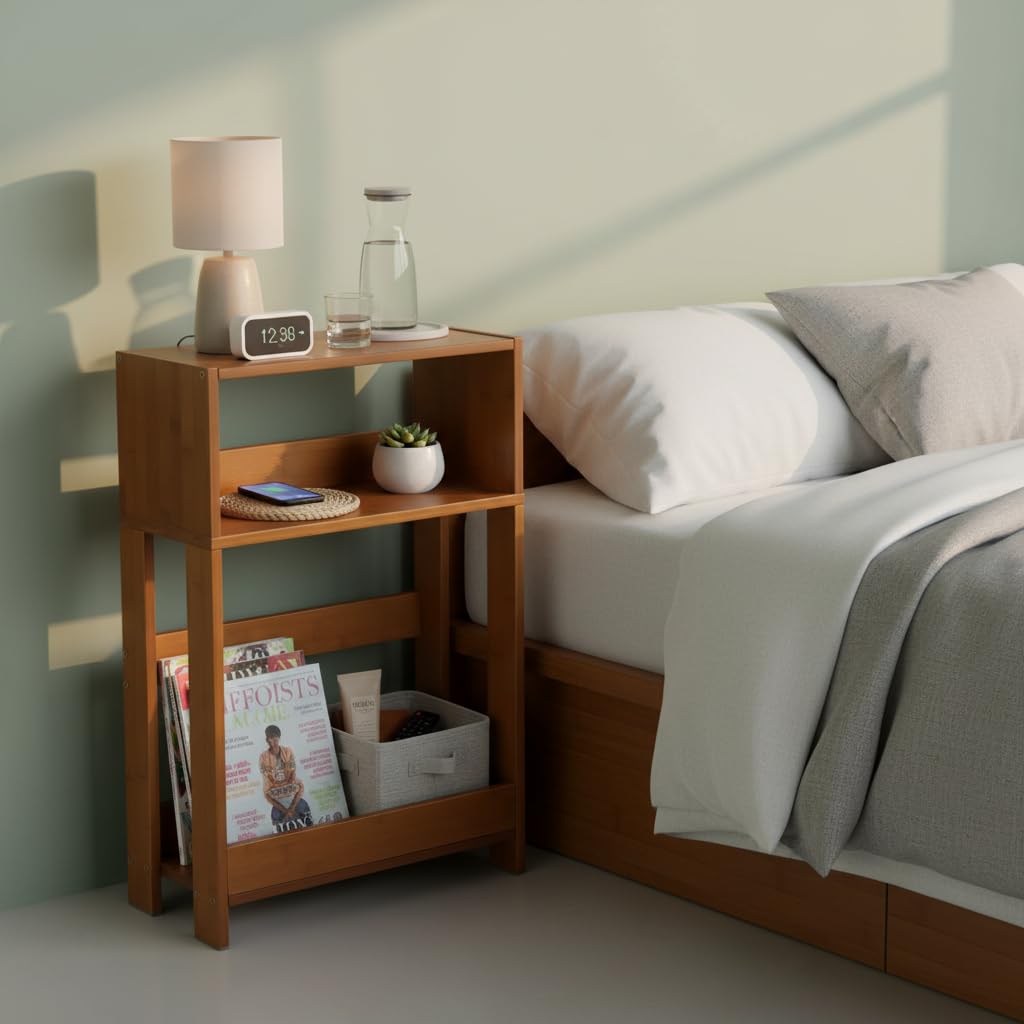 ZEXVIDA Narrow Side Table, 7 Inch Slim Bamboo Nightstand with 3-Tier Storage & Built-in Bookshelf, Small Space-Saving End Table for Living Room, Bedroom, Couch ZEXVIDA