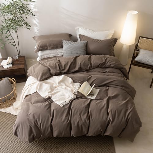 BDEAR Linen Feel Light Chocolate Brown Duvet Cover Twin Size 90'' L x 68'' W, Percale 100% Washed Cotton Duvet Cover with Zipper Closure Plus 1 Pillowcase, Oeko TEX Standard 100 Certificated BDEAR