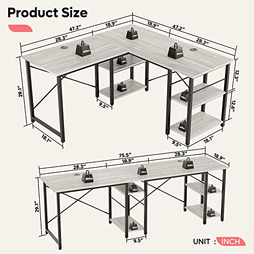 Bestier L Shaped Desk with Shelves 75 Inch Reversible Corner Computer Desk or 2 Person Long Table, Writing Study Desk for Home Office Small Space Bedroom Apartment, Wash White Bestier