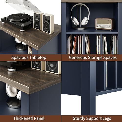 LIDYUK Record Player Stand, Vinyl Record Storage Table End Table with Display Shelf Holds up to 130 Albums, Large Nightstand Wood Turntable Stand Cabinet Side Table for Living Room, Bedroom, Blue LIDYUK