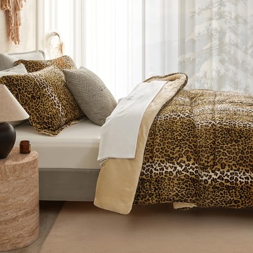 Petrichor Leopard Velvet Flannel Queen Comforter Set-Cheetah Print Western Blanket,Luxury Fuzzy Heavy Bedding Set, 3 Pieces Plush Winter Bed Set with Comforter (90"x90") & 2 Pillow Shams (20"x26") Petrichor