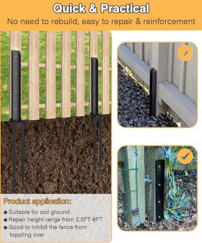 Mokeyder Fence Post Anchor Kit, Heavy Duty Metal Steel Fence Post Repair Kit, Fence Post Anchor Stakes Ground Spike for Repairing Tilted/Broken Wood Fence Post, Double-Tube Style, 2 Packs Mokeyder