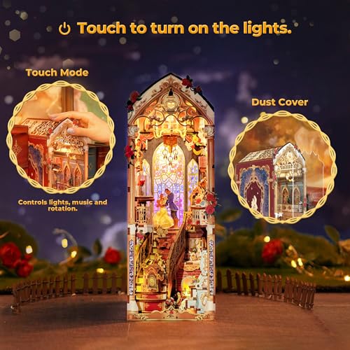 Tonecheer DIY Book Nook Kit for Adults, 3D Wooden Puzzle Music Booknook Miniature Dollhouse, Fairy Tale Bookend Bookshelf Decor with Dust Cover and LED Lights Gifts (Beast and Beauty)