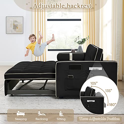 3 in 1 Sleeper Sofa Couch Bed, Small Tufted Velvet Convertible Loveseat Futon Sofa w/Pullout Bed, Adjustable Backrest, Cylinder Pillows for Living Room Apartment, Easy to Assemble, Black, 55.5" Antetek