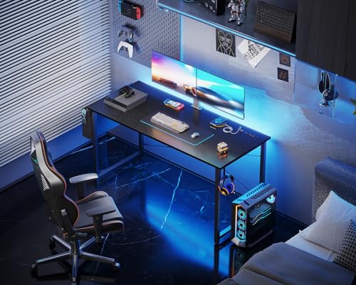 KKL Small Desk with Power Outlets and USB Port Computer Desk for Home Office Gaming Simple Modern Style Writing Desks with Storage Bag Headphone Hook, 48 inch, Black KKL