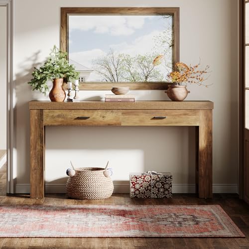 Tribesigns 63" Console Table, Farmhouse Entryway Table with 2 Drawers and H-Shaped Sturdy Legs for Hallway, Living Room, MDF, Light Brown Tribesigns