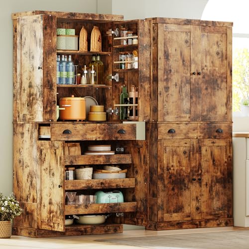 IRONCK Kitchen Pantry Cabinet with Sliding Storage Rack and 6 Hanging Shelves, 72" Height Tall Freestanding Cupboard for Living Room, Dining Room, Laundry, Vintage Brown IRONCK