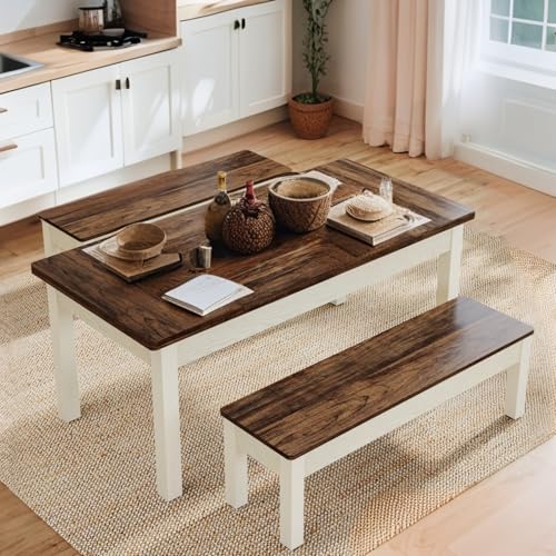 Tribesigns Farmhouse Kitchen Table Set for 4-6, 55-Inch Wooden Dining Table with 2 Benches, Space Saving 3 Pieces Heavy Duty Dinette for Dining Room, Kitchen, Small Space Tribesigns