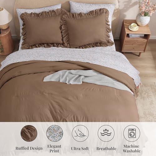 BLOOMHAVEN Full Comforter Set - 7 Pieces Ruffle Amber Brown Bedding Sets, Shabby Chic Farmhouse Bed in a Bag with Ruffle Comforter, Floral Sheets, Pillowcases & Shams BLOOMHAVEN