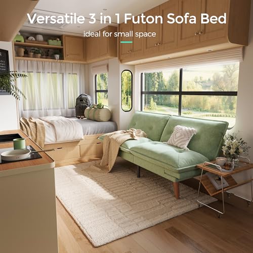 LINSY HOME Futon Sofa Bed, 70" Chenille Futon Couch with Adjustable Backrest Armrest, 3 in 1 Convertible Comfy Loveseat Sleeper Sofa Bed for Small Spaces Dorm Room Apartment Home Office, Light Green LINSY HOME