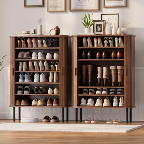 ONBRILL 6-Tier Shoe Cabinet with Sliding Door, Wooden Shoe Storage Cabinet with Adjustable Shelves, Mid-Century Modern Freestanding Shoe Storage Organizer for Entryway, Hallway, Living Room, Walnut ONBRILL