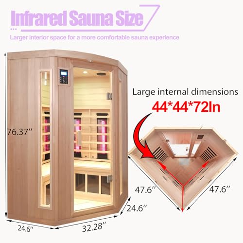 KUNSANA Infrared Saunas 2-3 Person, Ceramic Infrared Sauna for Home, Low EMF Indoor Home Sauna Spa, Ultra Large Size Corner Sauna, Hemlock Wood Sauna Room, Bluetooth Speakers, Chromotherapy Lights KUNSANA