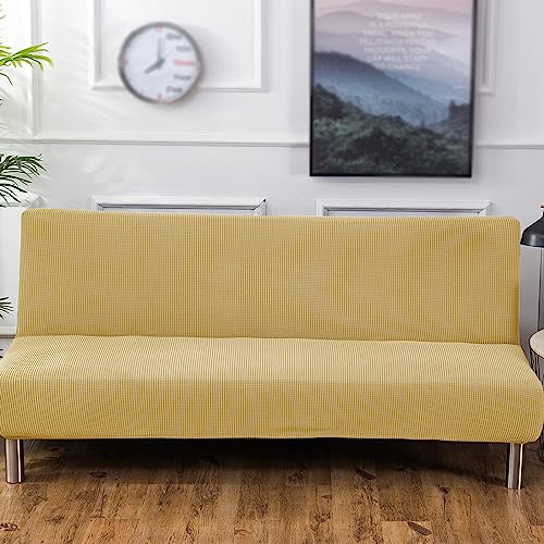 Stretch Futon Cover, Couch Cover for Futon, Armless Sofa Cover, Foldable Sofa Bed Slipcover Without Armrest, Universal Sofa Slipcover Furniture Protector for Kid, Pet(Small Checks Light Yellow,Medium) SHEKAKO