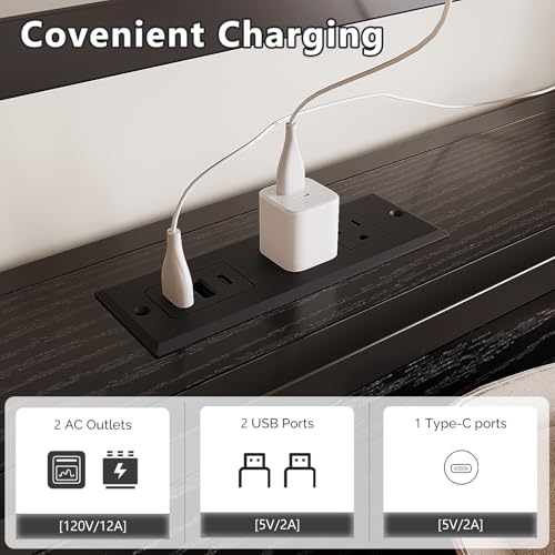 VINGLI Queen Platform Bed Frame with 4 Storage Drawers and Adjustable Headboard Shelf, Metal Bed with Charging Station and LED Lights, No Box Spring Needed, Noise Free, Easy Assembly, Black VINGLI