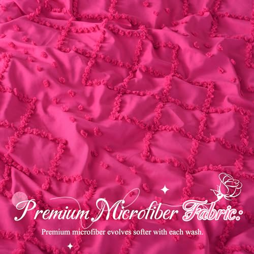 Manyshofu 5Pcs Boho Full Duvet Cover Set - Tufted Hot Pink Duvet Cover Pattern, Shabby Chic Boho Bedding Set Textured Comforter Covers with Embroidery Pillow Shams Manyshofu