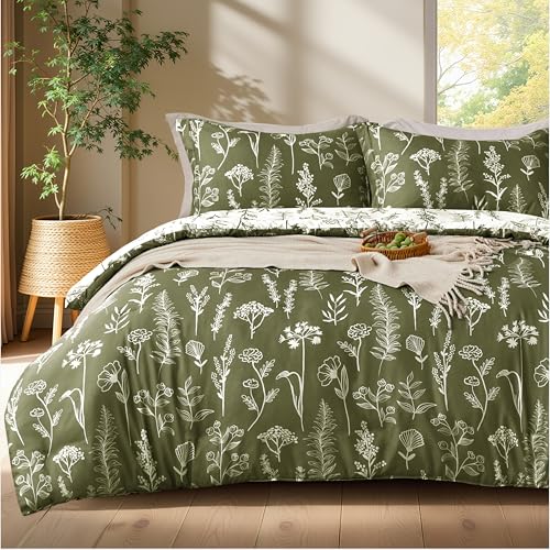Joiedomi Queen Comforter Set Olive Green, 3 Pieces Floral Queen Bedding Set with 1 Soft Reversible Botanical Comforter and 2 Pillow Shams, Bed in a Bag for All Seasons Joiedomi