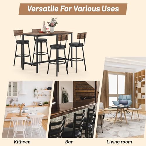 Zevemomo Dining Table Set for 4, 5-Piece Bar Table Set, Kitchen Table and Chairs, Counter Height High Top Table with 4 PU Upholstered Stools, Space-Saving Pub Table Sets for Small Space, Brown Zevemomo