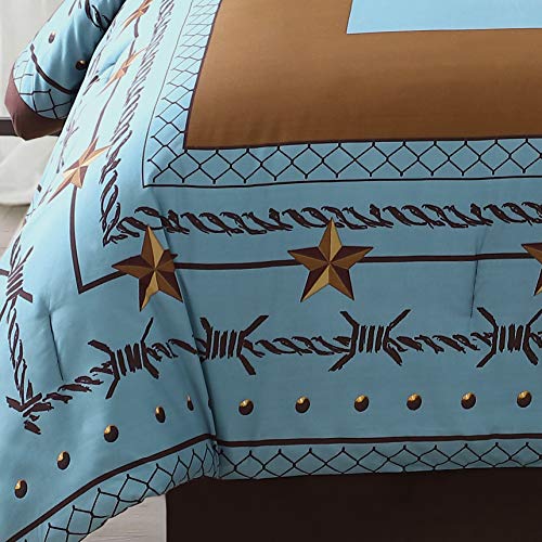 Chezmoi Collection Tulsa California King Bedding Set, 7-Piece Turquoise Brown Western Cowboy Oversized Comforter Set, Printed Texas Star Barbed Wire Chezmoi Collection