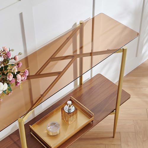 Pine Flicker Rectangle Glass Console Table, Mid-Century Modern Design, L41*W14*H32 inch, for Living Room, Amber Glass Top and Walnut Finish Wood Shelf, Conical Metal Legs with Gold Finish Pine Flicker