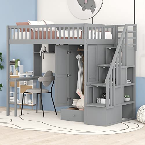 Harper & Bright Designs Twin Size Loft Bed with Desk, Wood Loft Bed Frame with Wardrobe, Bookshelf and Drawers, Gray Harper & Bright Designs
