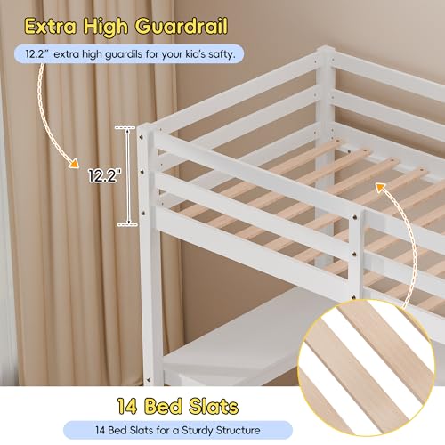 Xilingol Twin Loft Bed with Stairs and Desk, Solid Wooden Loft Bed, Heavy Duty Loft Bed with L-Shape Desk, LED Light Strips, Charging Station, Storage Cabinets, Extra-High Guardrails for Kids, Teens Xilingol