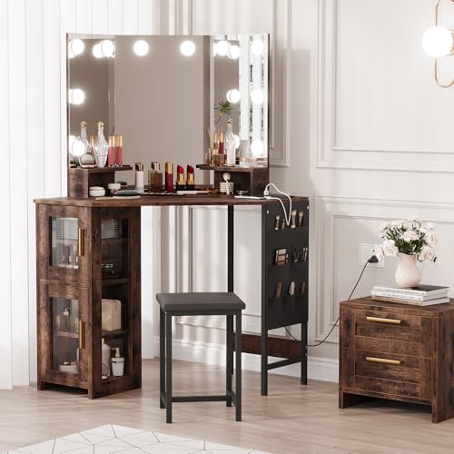 IDEALHOUSE Vanity Desk with Mirror and Lights, 3-Fold Vanity Mirror with Lights Makeup Vanity with Charging Station, Corner Vanity with Acrylic Door Cabinet, Hanging Storage Bag & Stool, Tigerwood IDEALHOUSE