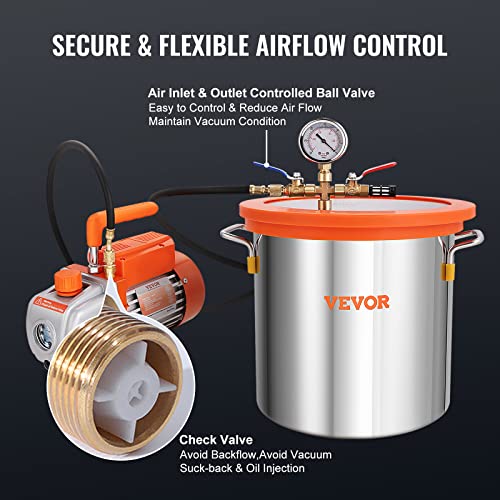 VEVOR 5 Gallon Vacuum Chamber and 3.5 CFM Pump Kit, Tempered Glass Lid Vacuum Degassing Chamber Kit, Single Stage Vacuum Pump with 250 ml Oil Bottle, for Stabilizing Wood, Degassing Silicones, Epoxies VEVOR