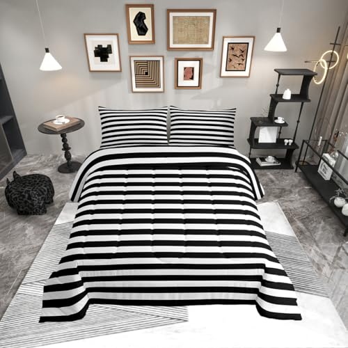 Striped Comforter Set Black and White Stripe Bedding Set Full Kids Boys Girls Women Men Farmhouse Ticking Stripes Duvet Set Horizontal Stripes Adults Abstract Gothic Home Decor Soft Reversible Erosebridal