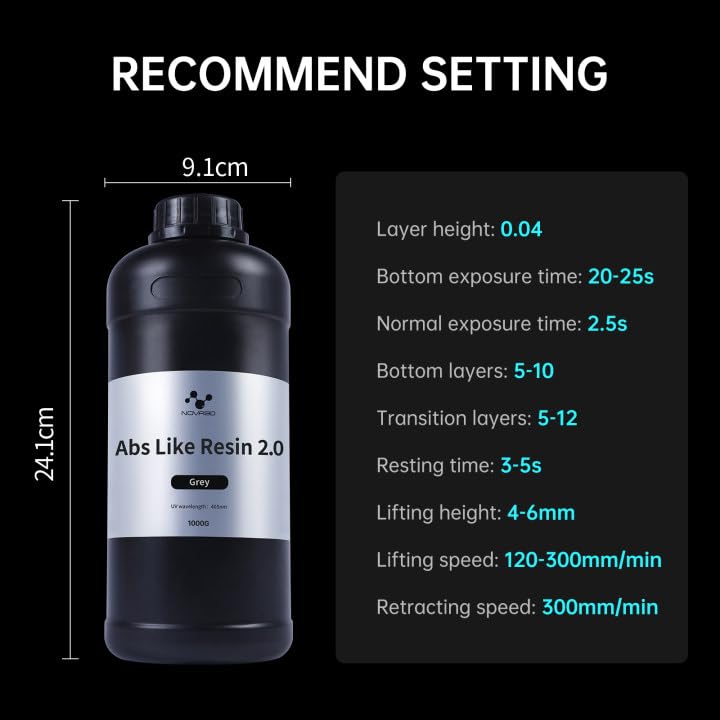 Nova3D ABS-Like Precision 2.0 3D Printer Resin – Enhanced Toughness & Strength, High Precision, Low Odor, Wide Compatibility with 12K/14K LCD Resin 3D Printers (Gray, 1kg) NOVA3D