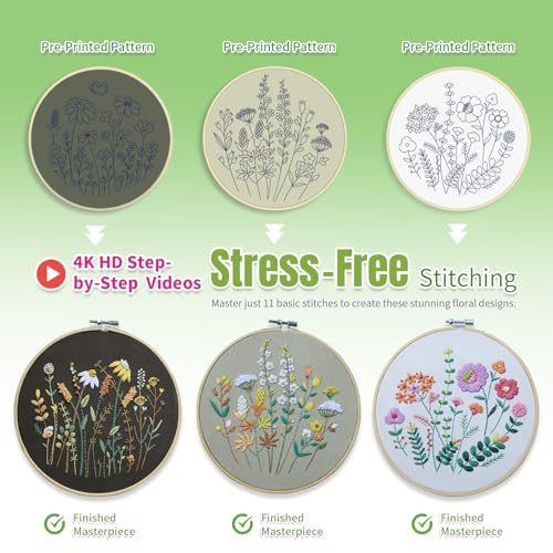 ETSPIL Beginner Embroidery Kit for Adults, 4K HD Video Tutorials, Pre-Printed Botanical Floral Designs, Essential Stitches & Bound Guide, Relaxing Screen-Free Activity for Women at Home