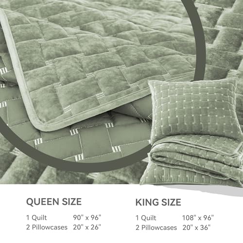 Grassix Velvet Quilt Set King Size, 3 Pieces Lightweight Velvet Comforter with Pillow Shams, Geometric Quilted Bedspread Coverlet Bedding Set for All Seasons, Sage Green, 108"x96" Grassix