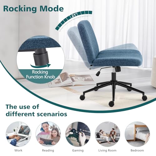 OLIXIS Criss Cross Chair with Wheels Wide Cross Legged Office Desk Vanity Chair Comfy Fabric Armless Adjustable Swivel for Home Computer Task Blue OLIXIS