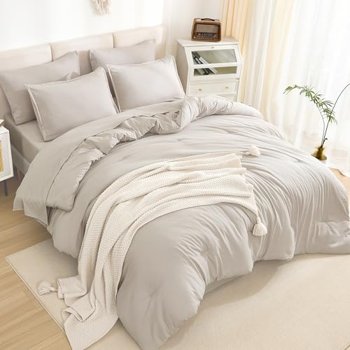 Litanika Full Size Comforter Sets Linen - 7 Pieces Bed in a Bag Full Bedding Comforter Sets, Solid Lightweight Bed Set with Comforter, Sheets, Pillowcases & Shams Litanika