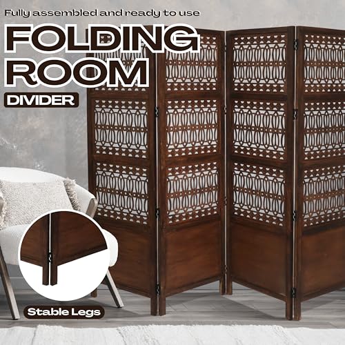 Room Divider Screen, 4-Panel Folding Wood Screen Pattern, Antique Brown, 72 x 80 Inches, Hand Carved Decorative and Functional, Reversible, Portable Privacy Partition, Boho Style – Bedding Craft Bedding Craft