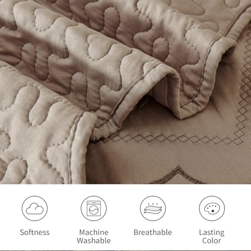 Cmfshape Floral Embroidery Quilt Set,3 Pieces King Quilt Bedding Set,Classic Diamond Pattern Quilts,Ultra Soft Lightweight Reversible Bedspread Coverlets for All Season(Taupe,102"x90") Cmfshape