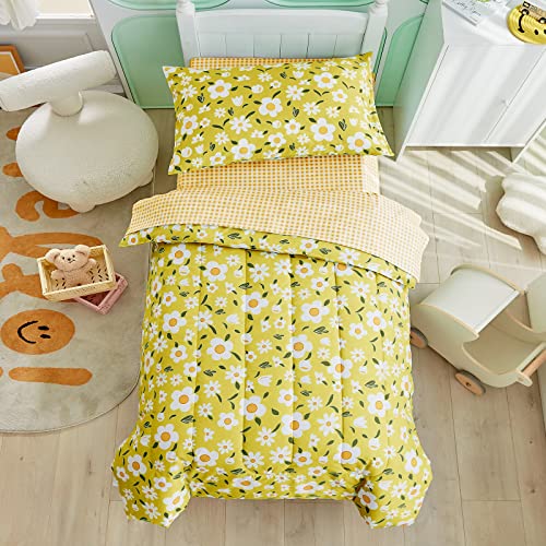 Uozzi Bedding 4 Pieces Yellow Girls Toddler Bedding Set White Floral Style - Includes Adorable Quilted Flower Comforter, Fitted Sheet, Top Sheet, and Pillow Case for Girls Bed UOZZI BEDDING