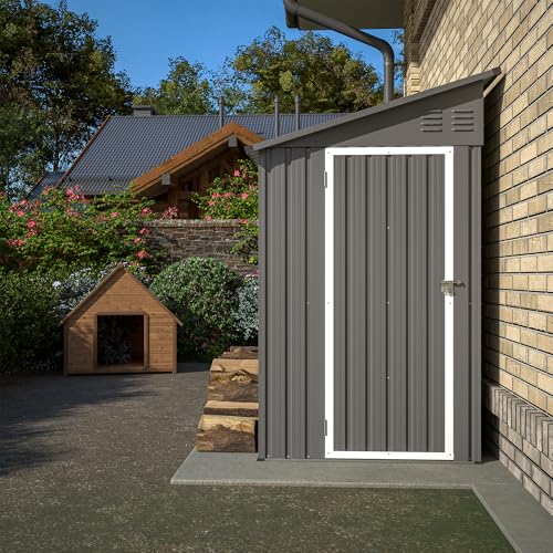 YOPTO 4×8 FT Lean to Metal Shed,Outdoor Heavy-Duty Storage Shed with Floor Base,All Weather Waterproof Garden Tool House W/Lockable Door&2 Air Vents,Reversible Door Design,for Backyard,Patio,Lawn,Gray YOPTO