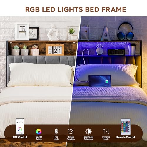 COMHOMA Platform Bed Frame with LED Lights and Charging Station, Storage Headboard and Footboard Drawers, No Box Spring Needed, Rustic Wood Look (Queen) COMHOMA