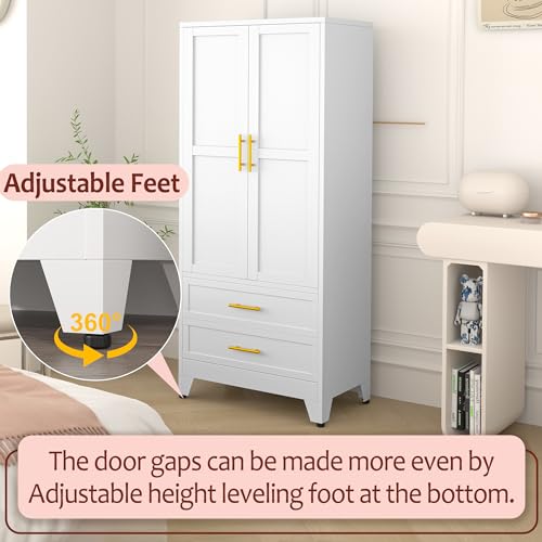 Metal Wardrobe Closet with 2 Doors & 2 Drawers, 71" Tall Armoire Wardrobe Closet with Hanging Rods and Adjustable Shelf, Steel Wardrobe Storage Cabinet for Bedroom-White winiowa