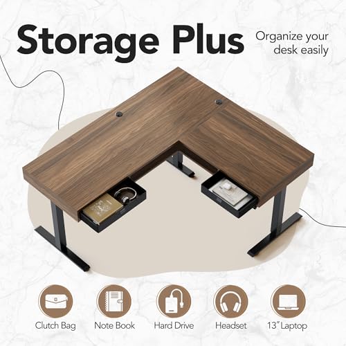 HUANUO Electric L Shaped Standing Desk, 63″x55″ Height Adjustable Corner Computer Desk with 2 Under Desk Drawers & Open Storage Sapce, Sit Stand Up Table with Power Strip Tray & Cable Grommets, Walnut HUANUO