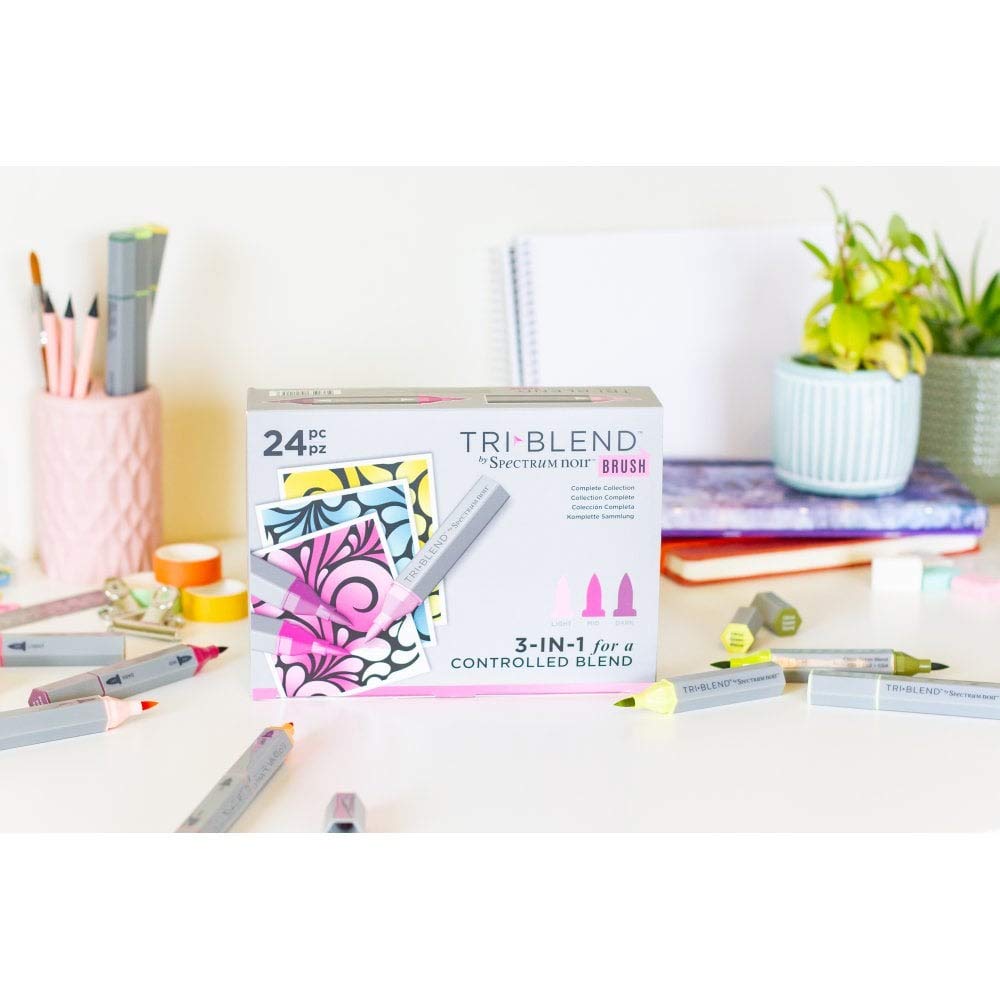 Spectrum Noir Triblend Brush Nib Alcohol Markers Colouring Pack of 24 - Unique 3-in-1 Blendable Colour Shade Effect - Complete Collection Box (72 colours in total) Crafter's Companion